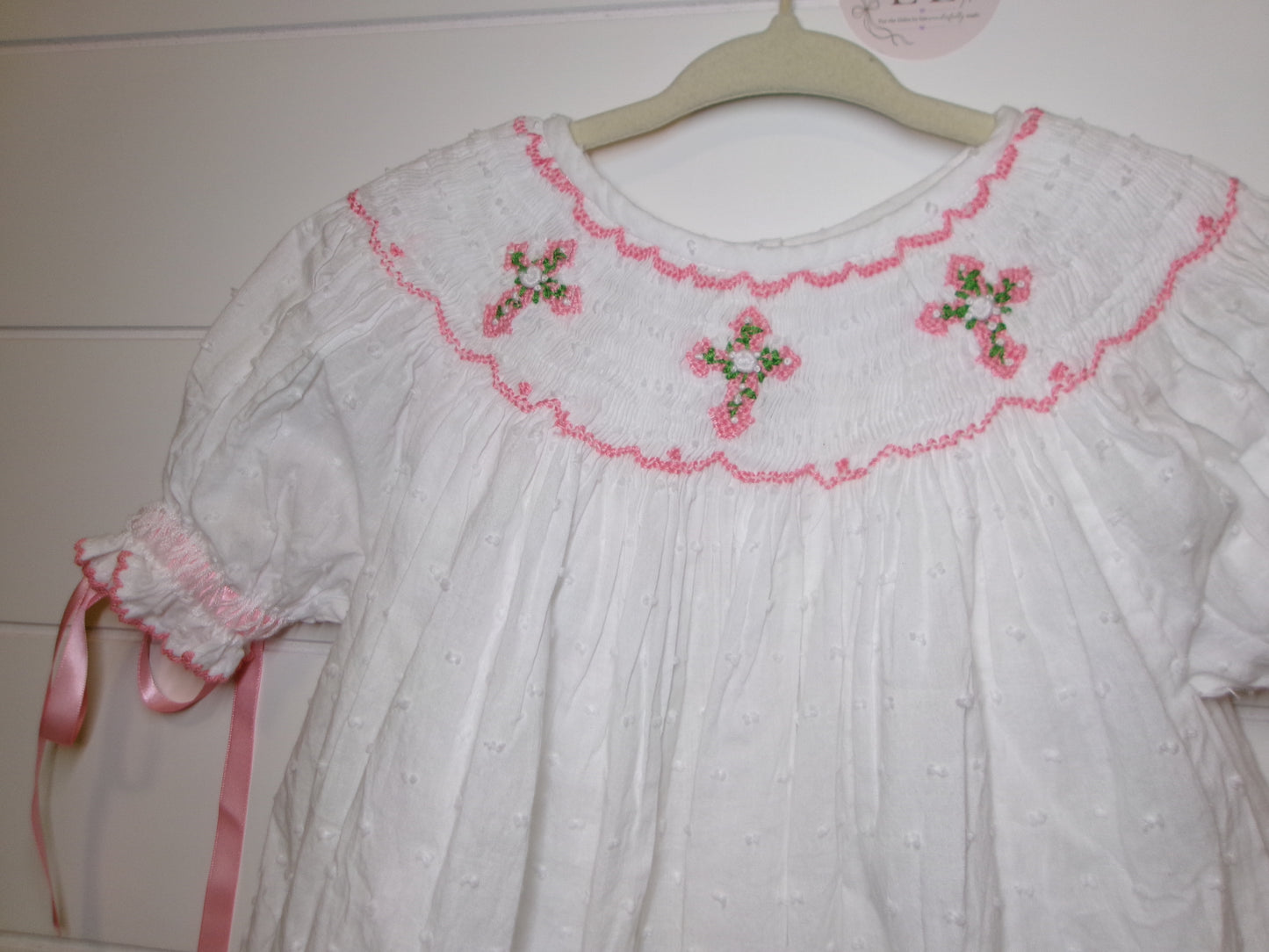 Floral Cross Swiss Dot Bishop Dress
