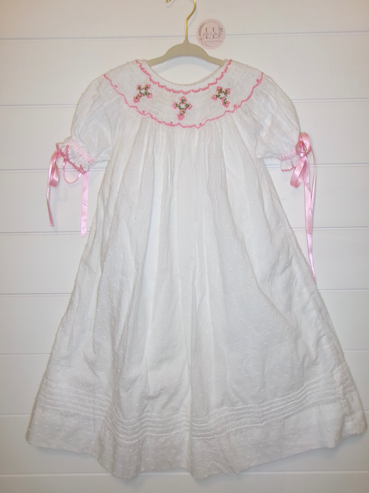 Floral Cross Swiss Dot Bishop Dress