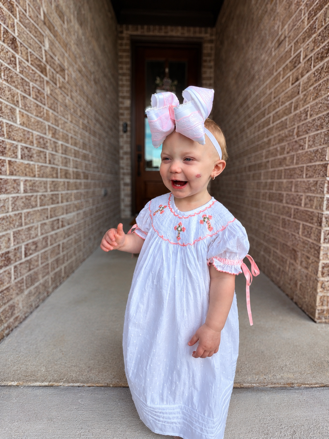 Floral Cross Swiss Dot Bishop Dress